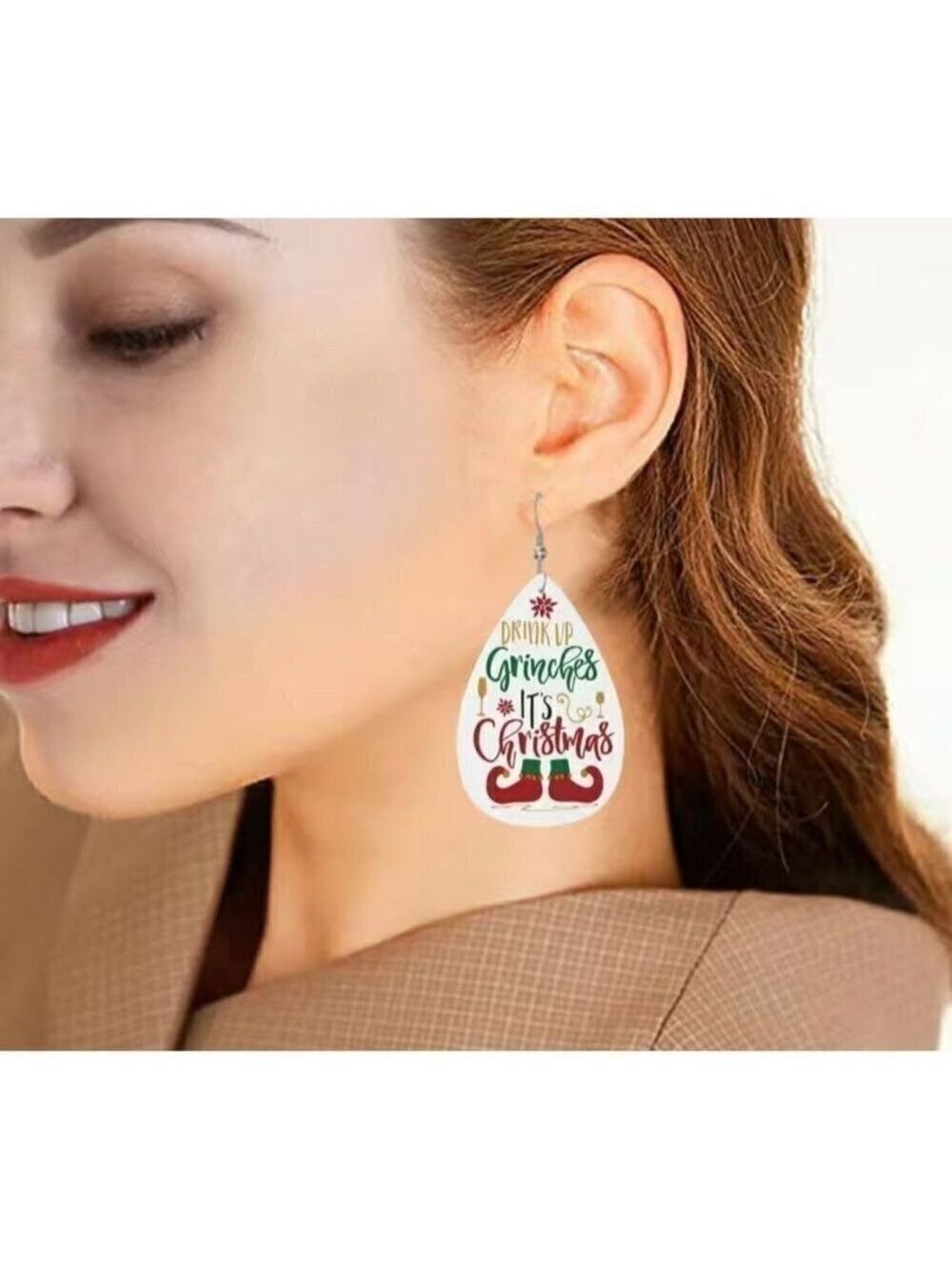 Christmas Faux Leather Teardrop Earrings "Drink Up Grinches It's Christmas"